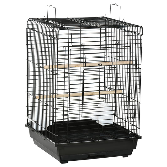 Photo of PawHut Steel Bird Cage with Openable Top, Stand, Tray, Handles, Feeding Bowls for Parakeet, Finch - Black in Black colour on a white background