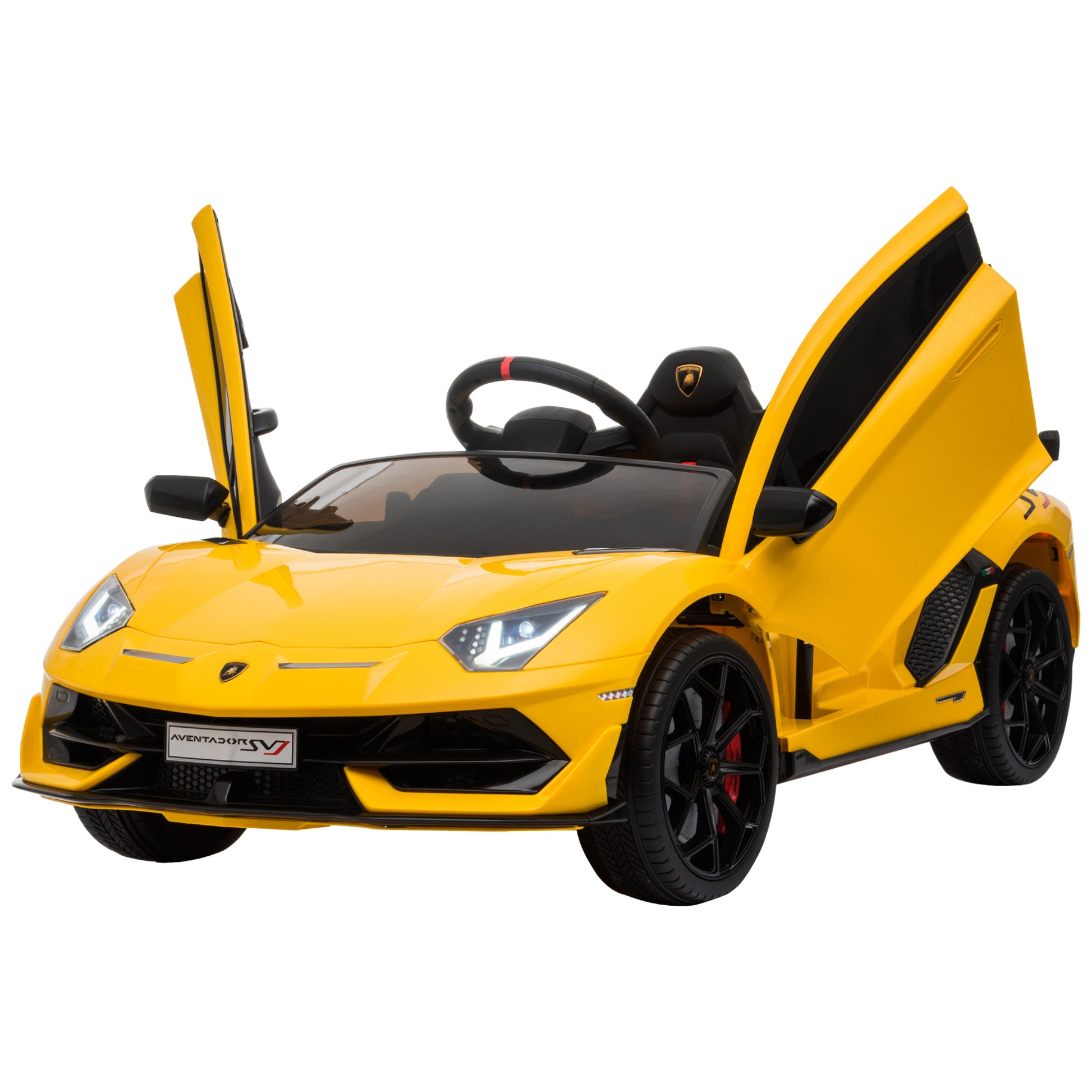 Photo of HOMCOM Lamborghini Aventador Licensed 12V Kids Electric Ride On Car Racing Car Toy with Parental Remote Control Battery-powered 2 Motors Music Lights for 3-8 Years Old Yellow in Yellow colour on a white background