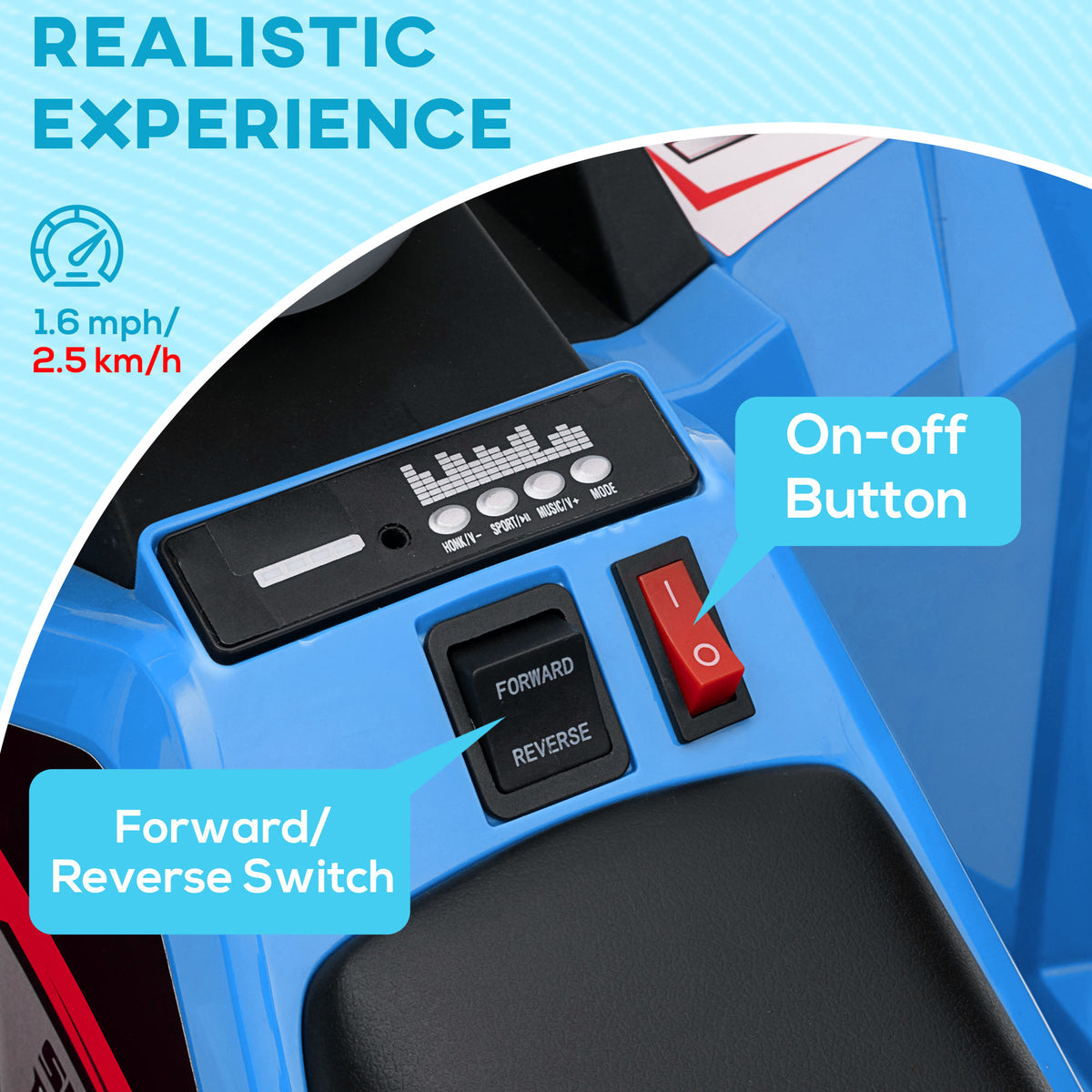 Blue quad bike dashboard with audio controls, power switch, and forward-reverse switch.