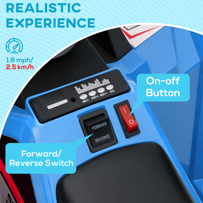 Blue quad bike dashboard with audio controls, power switch, and forward-reverse switch.