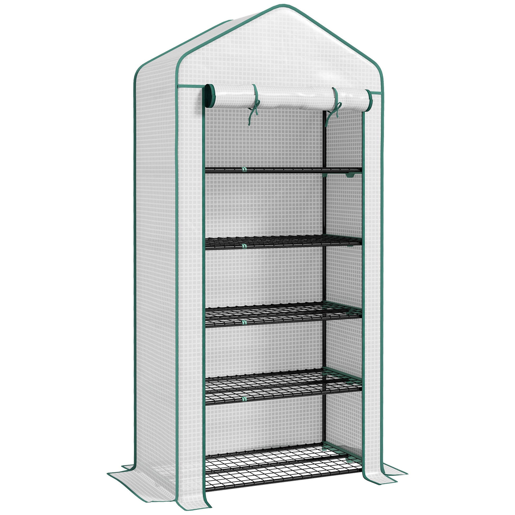 Photo of Outsunny 5 Tier Widened Mini Greenhouse with Reinforced PE Cover, Portable Indoor Outdoor Green House with Roll-up Door and Wire Shelves, 90 x 49 x 193cm, White in White colour on a white background