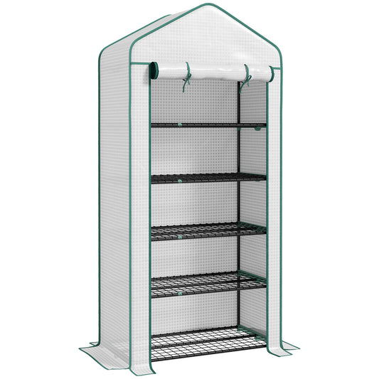 Photo of Outsunny 5 Tier Widened Mini Greenhouse with Reinforced PE Cover, Portable Indoor Outdoor Green House with Roll-up Door and Wire Shelves, 90 x 49 x 193cm, White in White colour on a white background
