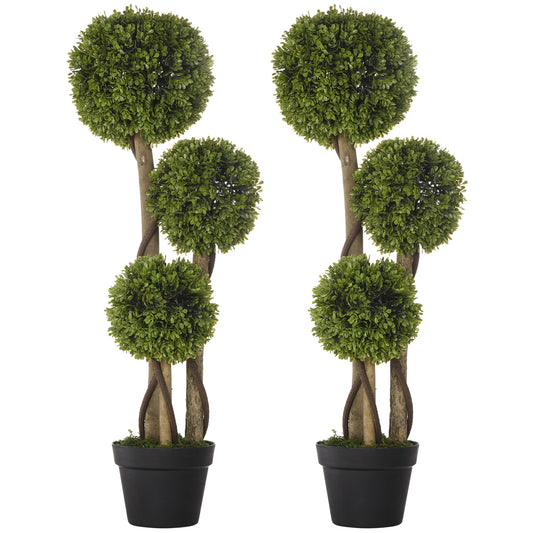 Photo of HOMCOM Set of 2 Decorative Artificial Tree Boxwood Ball Topiary Tree in Pot, Fake Plant for Home Indoor Outdoor Decor, 90 cm, Light Green in Green colour on a white background
