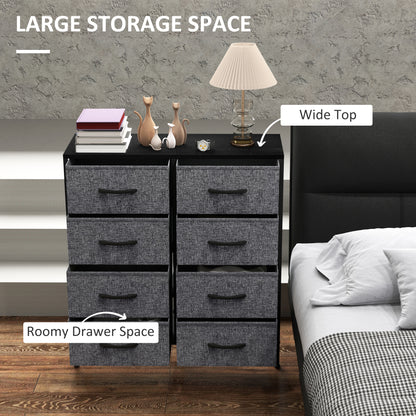 Eight-drawer fabric dresser with a wide black top and dark metal frame