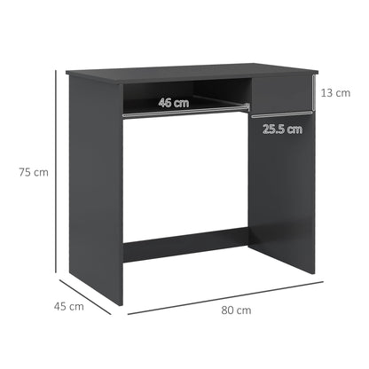 Grey computer desk with dimensions of 80 by 45 by 75 cm and a pull-out tray.