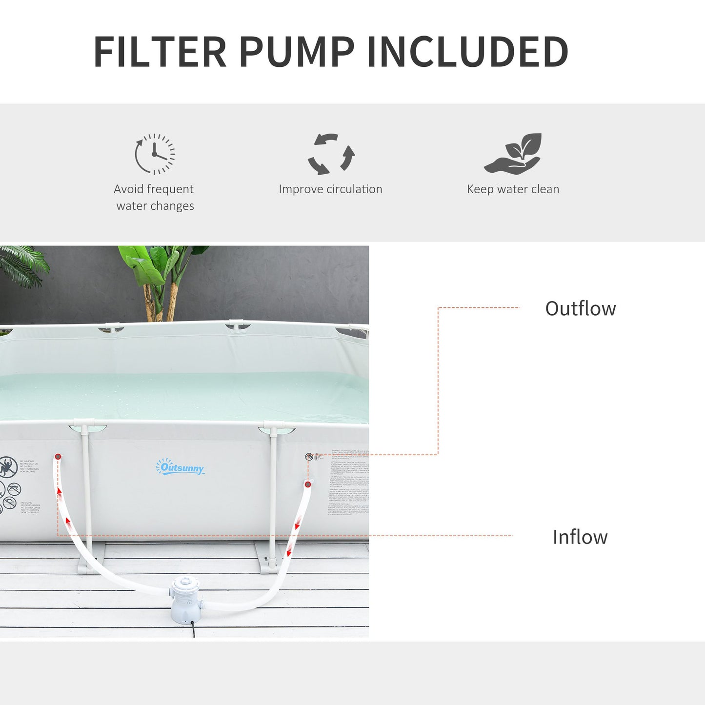 Outsunny Steel Frame Pool with Filter Pump, Filter Cartridge, Rust Resistant Above Ground Swimming Pool, Grey