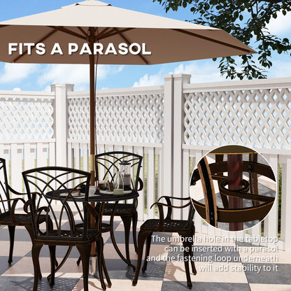 Outsunny bronze-tone garden dining set with a parasol inserted through the round table