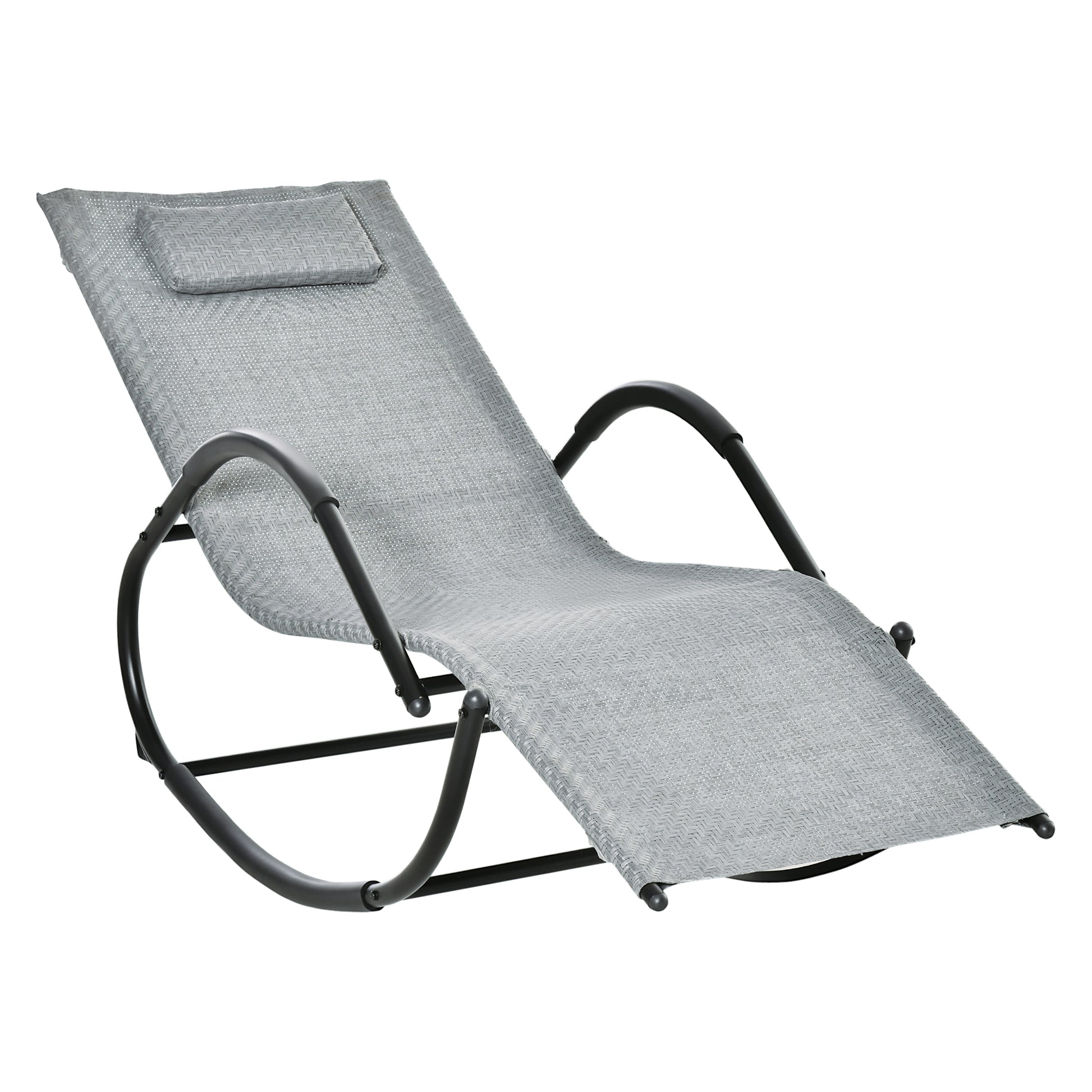 Photo of Outsunny Zero Gravity Rocking Lounge Chair Rattan Effect Patio Rocking Chair w/ Removable Pillow Recliner Seat Breathable Texteline - Grey in Grey colour on a white background