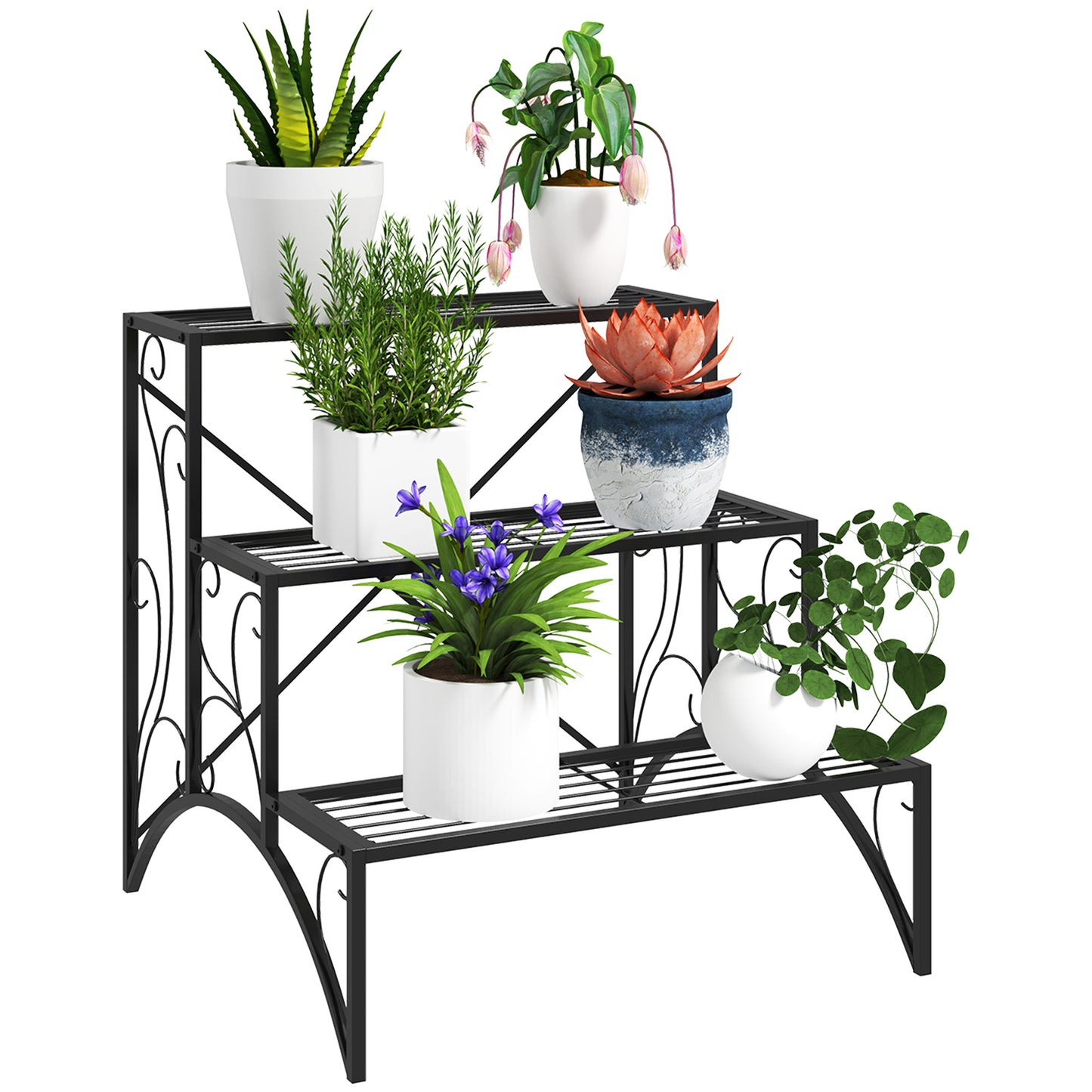 Photo of Outsunny Three-Tier Decorative Metal Plant Stand - Black in Black colour on a white background