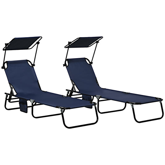 Photo of Outsunny Set of Two Folding Sun Loungers, with Adjustable Backs and Sun Canopies - Dark Blue in Blue colour on a white background