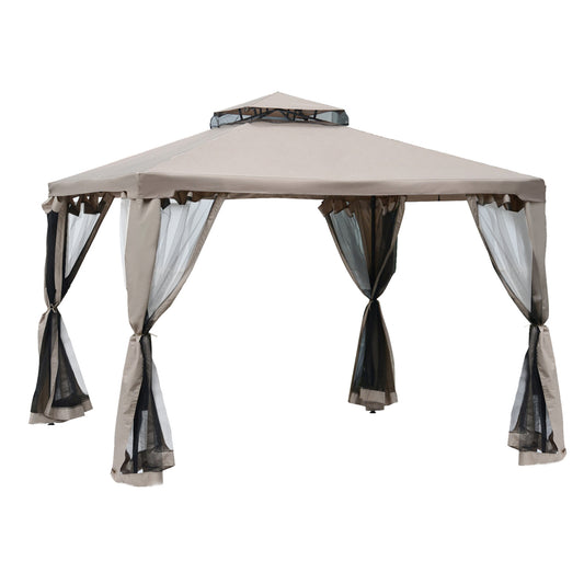 Photo of Outsunny Outdoor Gazebo, 2-tier Roof with Netting for Garden Patio, 295L x 295W x 263Hcm, Taupe in Taupe colour on a white background