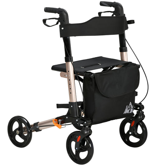 Photo of HOMCOM Rollator Walker with Seat with Carry Bag, Adjustable Height, Cane Holder for Seniors and Disabled, Gold Tone in Tone colour on a white background