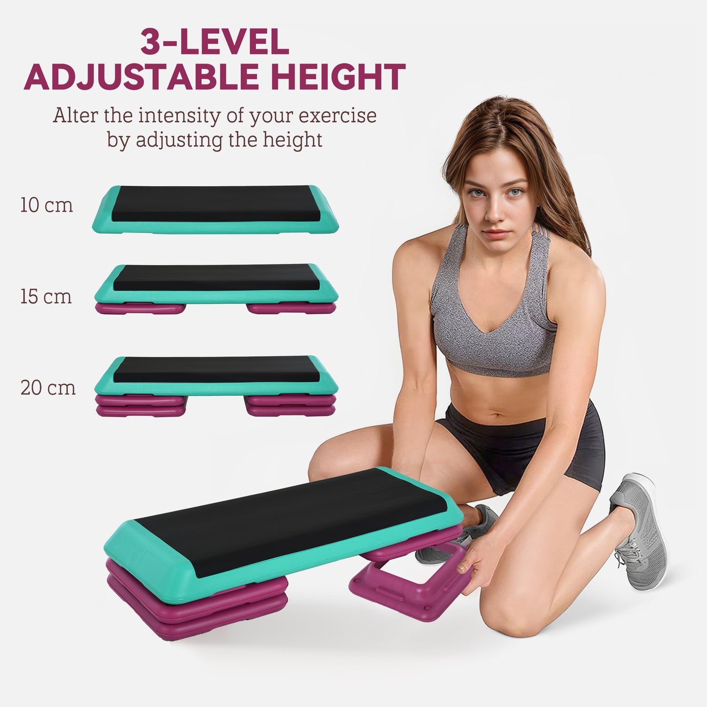 HOMCOM 3-Level Aerobic Step 10/15/20cm Steppers for Exercise Workout w/ Non-Slip Top Compact Stepper Home Office Indoor Outdoor Fitness Equipment