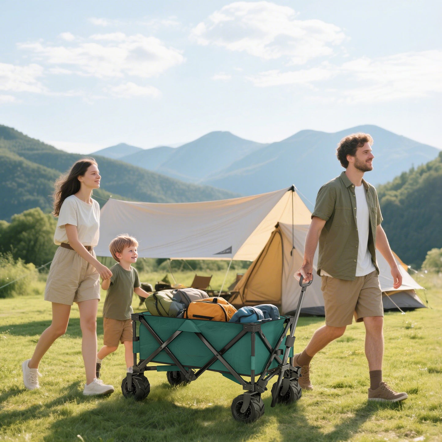 Outsunny 205L Festival Trolley on Wheels, Folding Camping Trolley Cart with Telescopic Handle, Beach Cart with Wide Big Wheels for Outdoor Garden Fishing, Green