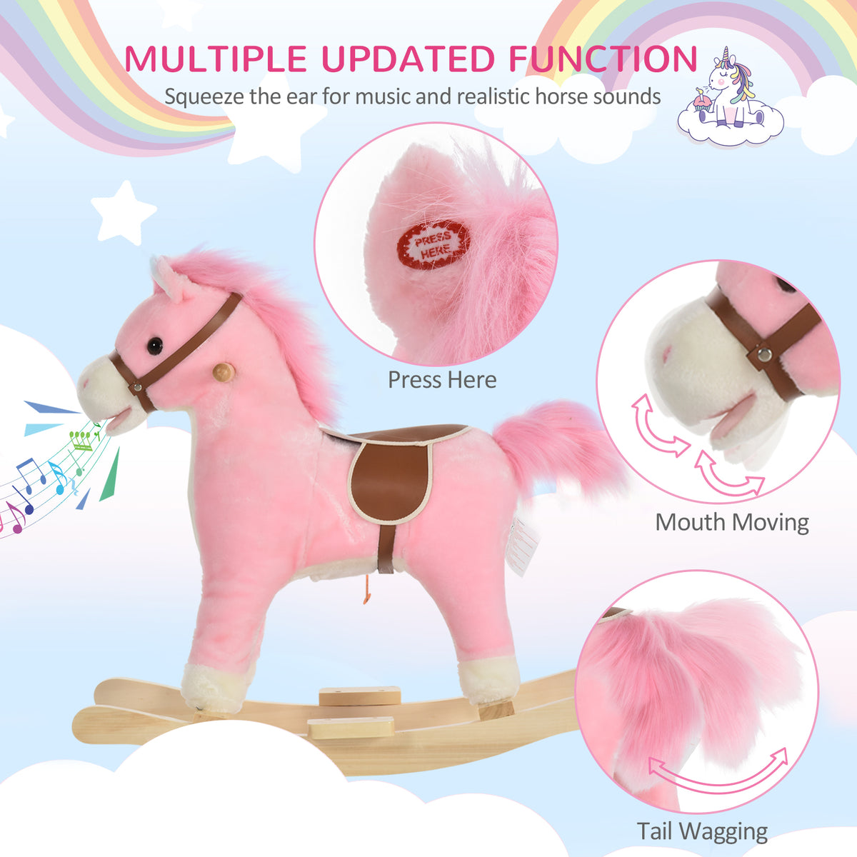 Pink plush horse rocker with brown saddle and wooden base; mouth movement and wagging tail shown.