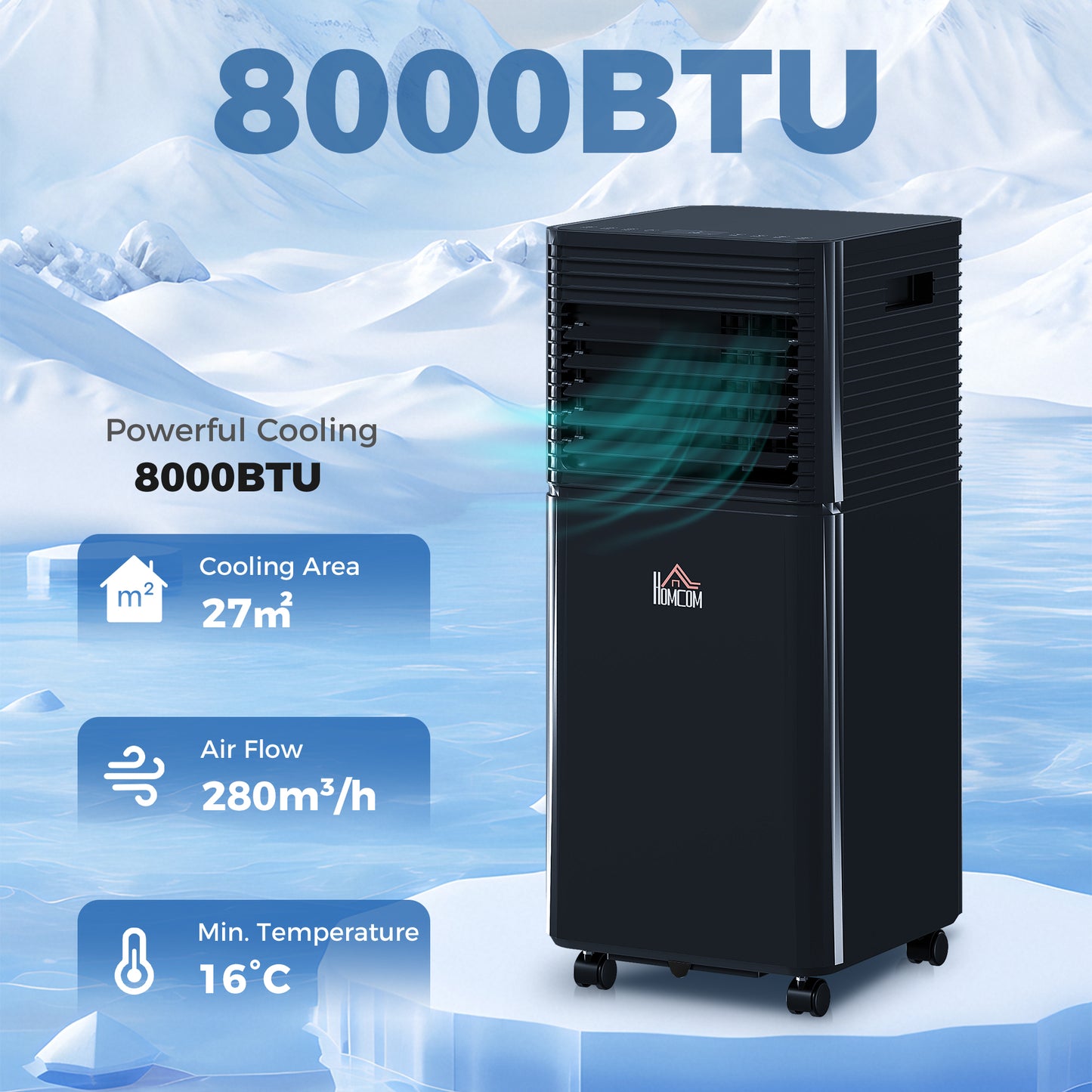 HOMCOM 8000 BTU 4-In-1 Portable Air Conditioner Unit Cooling Dehumidifying Ventilating  for Room up to 27m², with Fan, Remote, 24H Timer, Window Mount Kit, R290, A Energy Efficiency