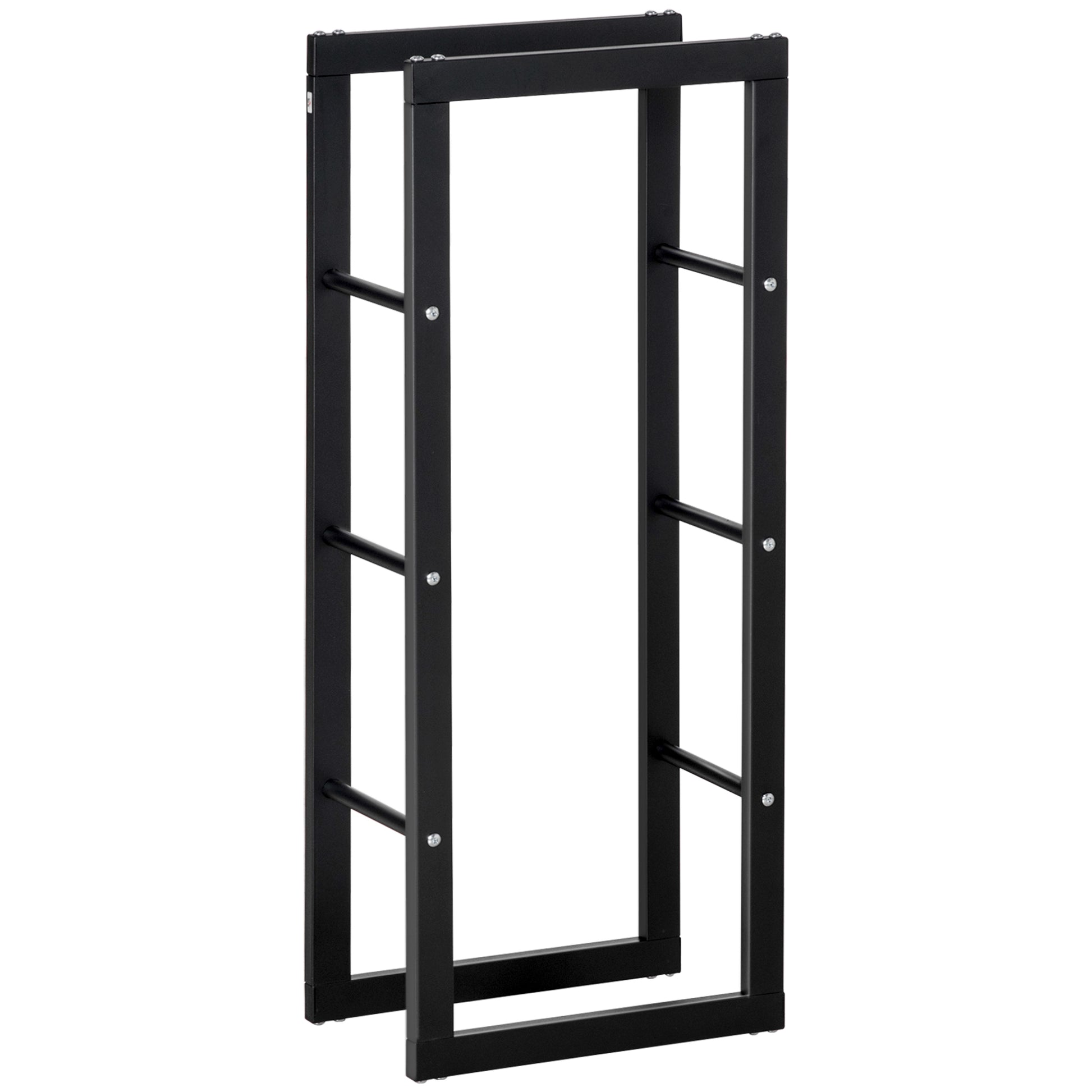 Photo of HOMCOM Metal Firewood Log Holder Tall Firewood Rack Indoor Outdoor Fireplace Wood Storage Shelf with Side Rails, Rust-Resistant, Black, 40W x 25D x 100H cm in cm colour on a white background