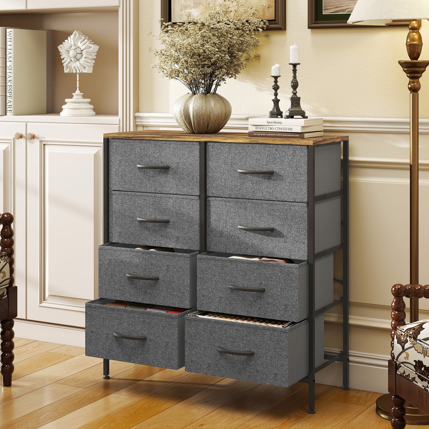 HOMCOM Fabric Chest of Drawers, Industrial Bedroom Dresser with 8 Fabric Drawers, Steel Frame and Wooden Top for Nursery, Living Room, Hallway, Rustic Brown and Grey