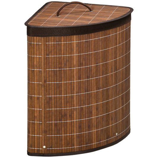 Photo of HOMCOM Bamboo Laundry Basket with Lid, 55 Litres Laundry Hamper with Removable Washable Lining,  Corner Washing Baskets, 38 x 38 x 57cm, Brown in Brown colour on a white background