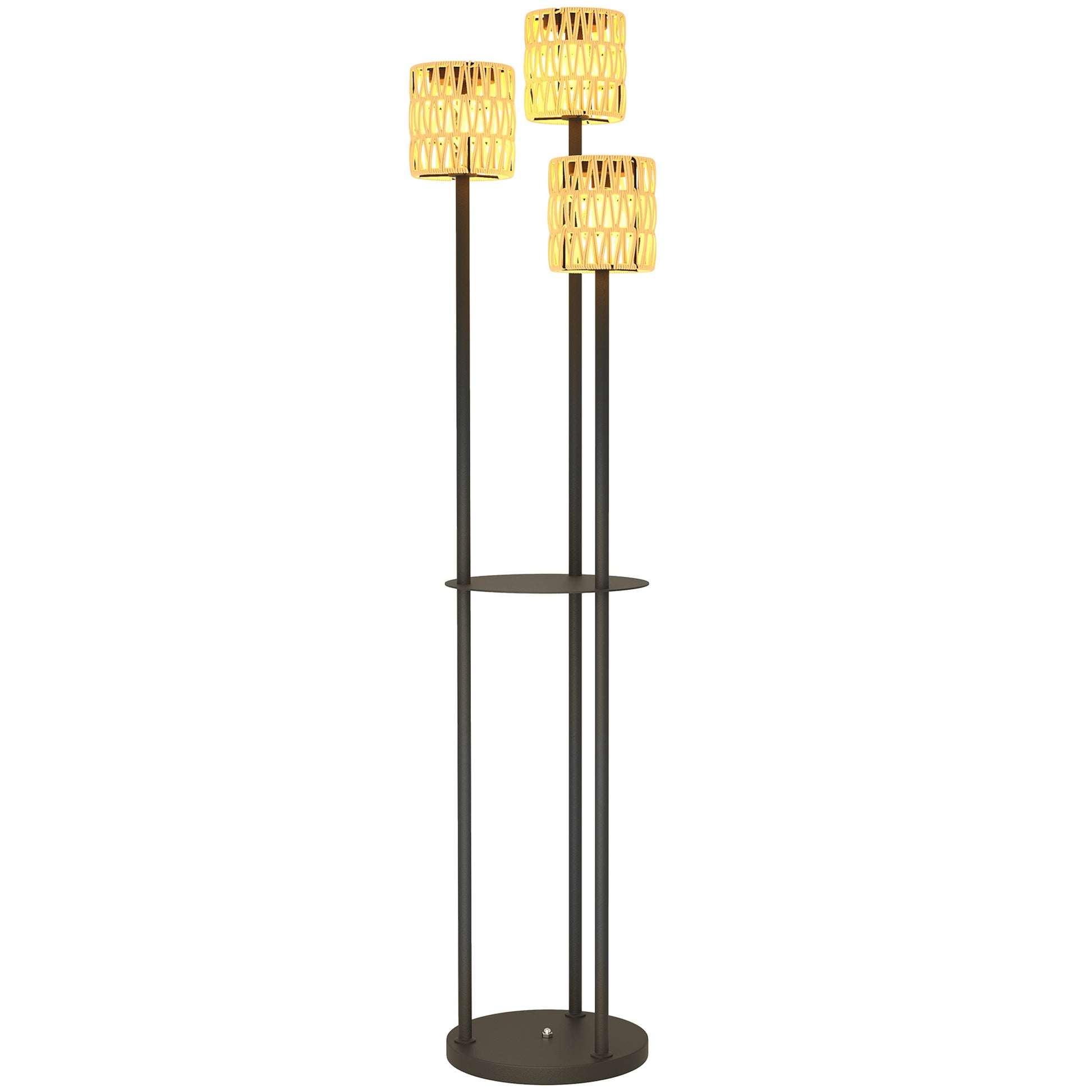 Photo of Outsunny Boho Rattan Floor Lamp, 3-Lights Rattan Lamp with Shelf, Freestanding Solar Garden Light with Auto On/Off Lights, IP44 Waterproof for Porch, Pathway, Terrace, Yellow in Yellow colour on a white background