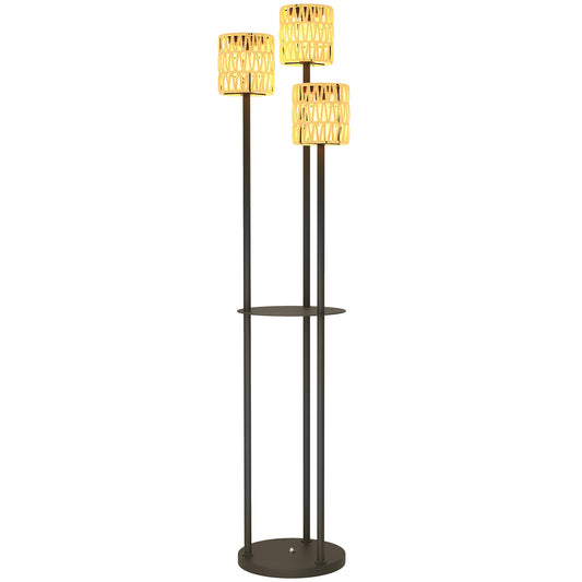 Photo of Outsunny Boho Rattan Floor Lamp, 3-Lights Rattan Lamp with Shelf, Freestanding Solar Garden Light with Auto On/Off Lights, IP44 Waterproof for Porch, Pathway, Terrace, Yellow in Yellow colour on a white background