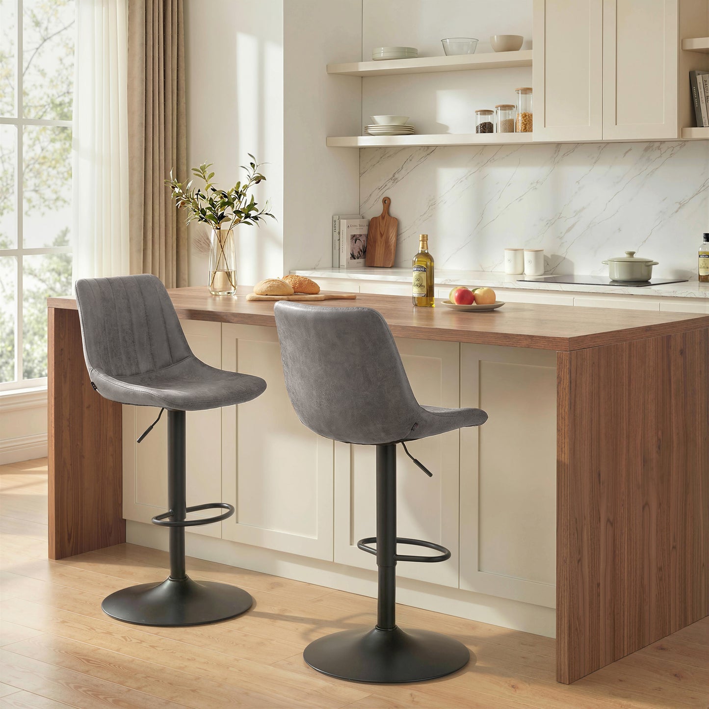 HOMCOM Breakfast Bar Stools Set of 2, 59-80cm Sitting Hight Leather Upholstered Bar Chairs - Grey