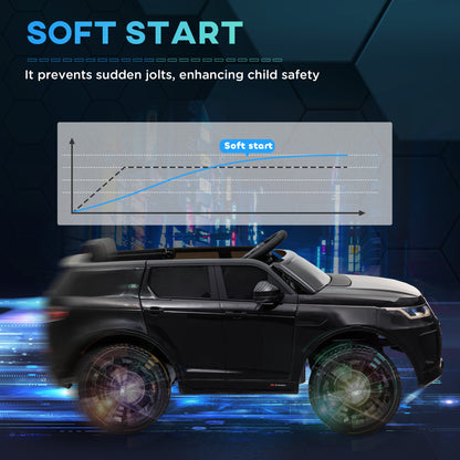 Side view of black AIYAPLAY Land Rover Discovery Sport ride-on car with soft-start feature graphic