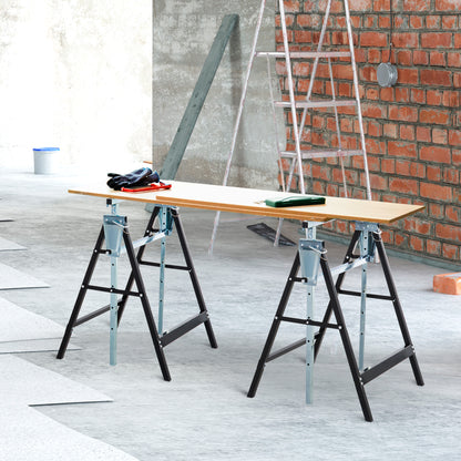Pair of steel trestles supporting a long work surface