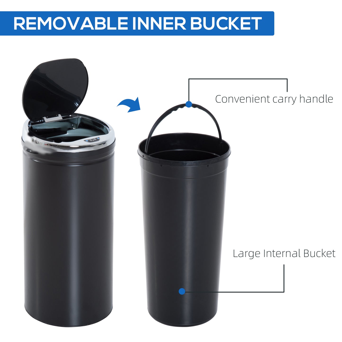 HOMCOM 42L Sensor Bin with Quiet Soft-Close Lid, Automatic Touchless Motion Sensor Rubbish Bin with Fingerprint Resistant, Stainless Steel for Hygienic Kitchen, Home Office Use, Black