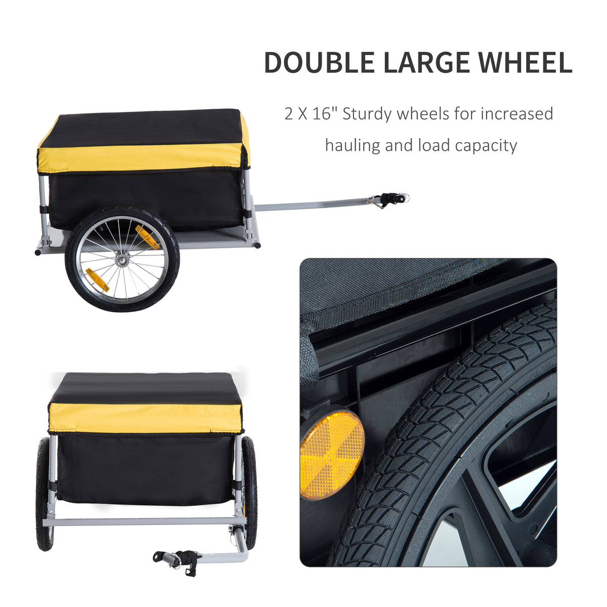 Covered bicycle cargo trailer with two large wheels, shown from the side and front with a tire close-up