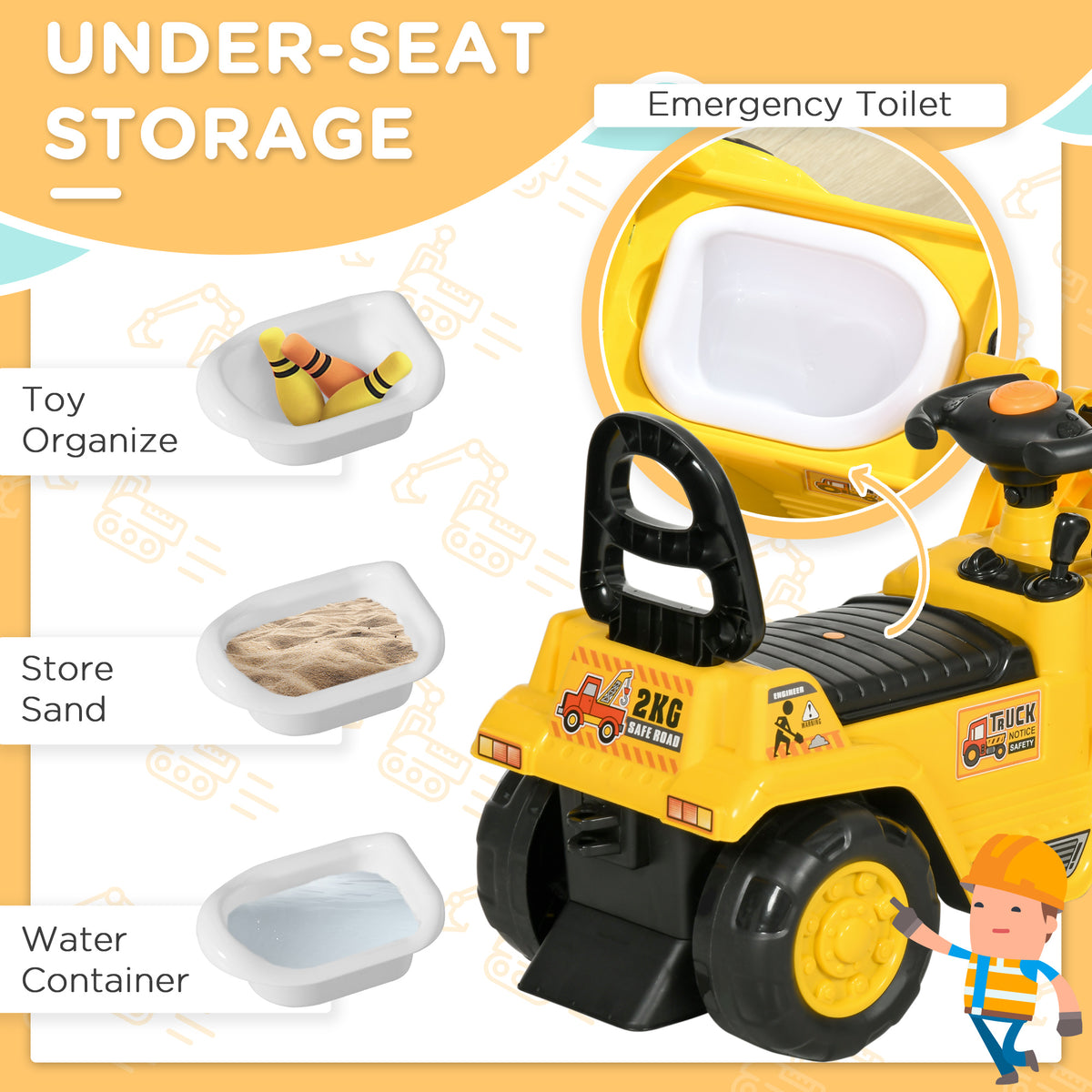 Rear view of yellow ride-on excavator with lift-up seat revealing storage space.