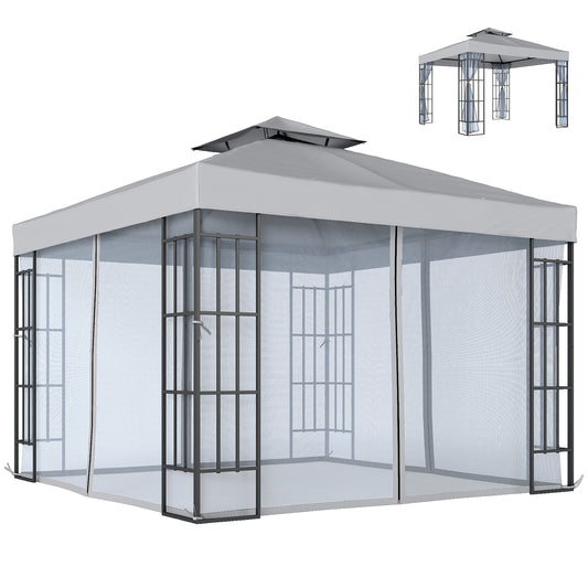 Photo of Outsunny 3 x 3(m) Patio Gazebo Canopy Garden Pavilion Tent Shelter with 2 Tier Roof and Mosquito Netting, Light Grey in Grey colour on a white background