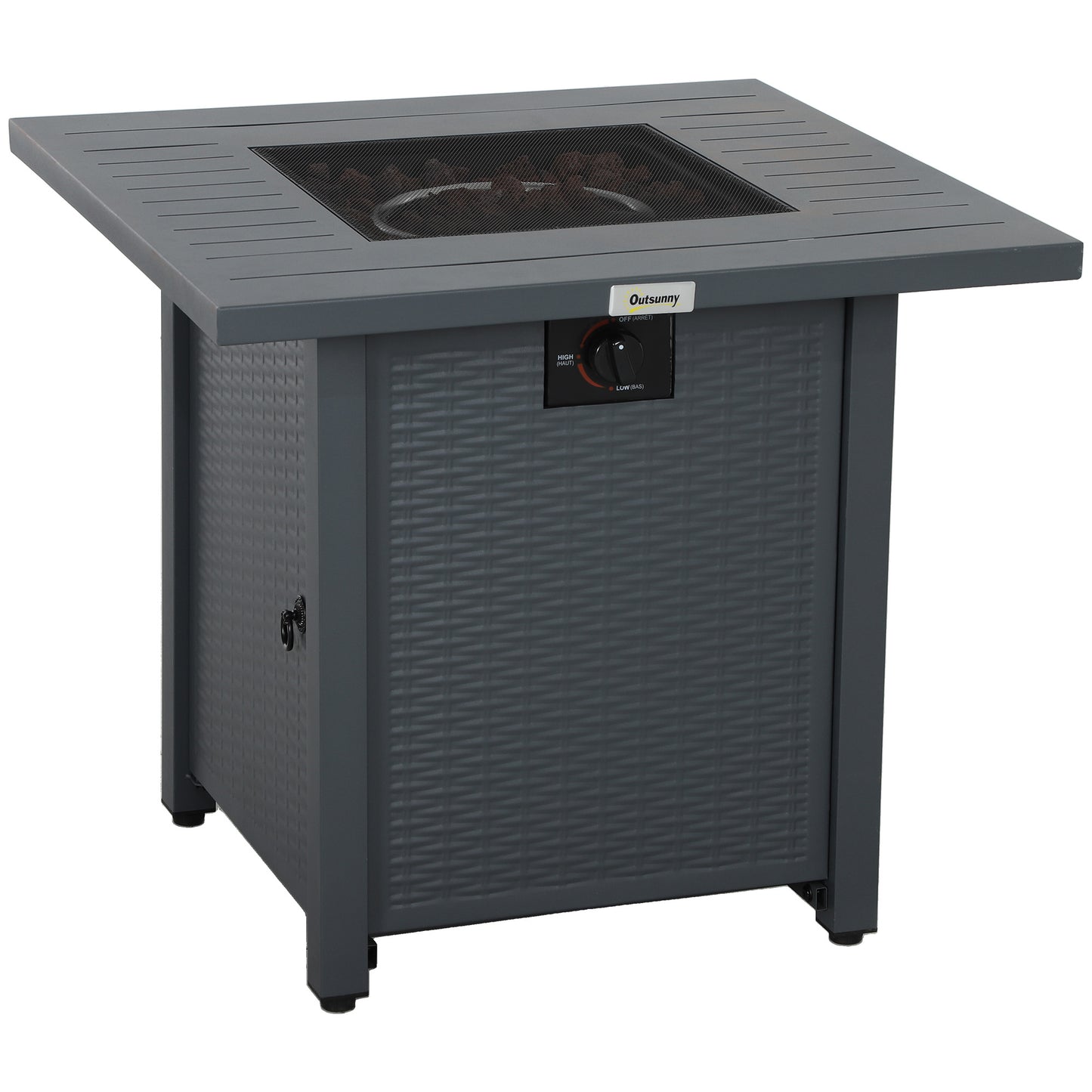 Photo of Outsunny Rattan-style Propane Gas Fire Pit Table with 40,000 BTU Burner, Square Smokeless Firepit Patio Heater with Thermocouple, Lava Rocks, Waterproof Cover, Spark Guard and Lid, Grey in Grey colour on a white background