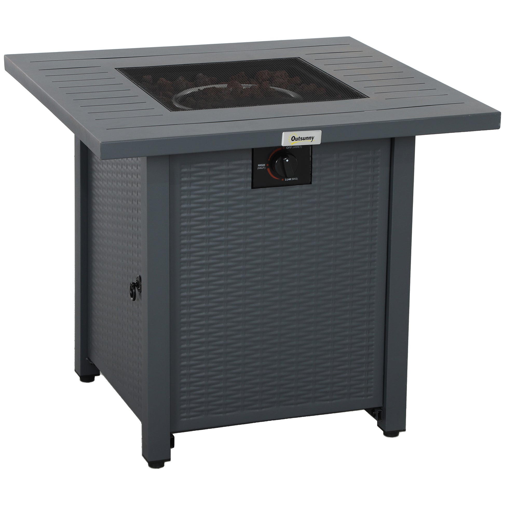 Photo of Outsunny Rattan-style Propane Gas Fire Pit Table with 40,000 BTU Burner, Square Smokeless Firepit Patio Heater with Thermocouple, Lava Rocks, Waterproof Cover, Spark Guard and Lid, Grey in Grey colour on a white background