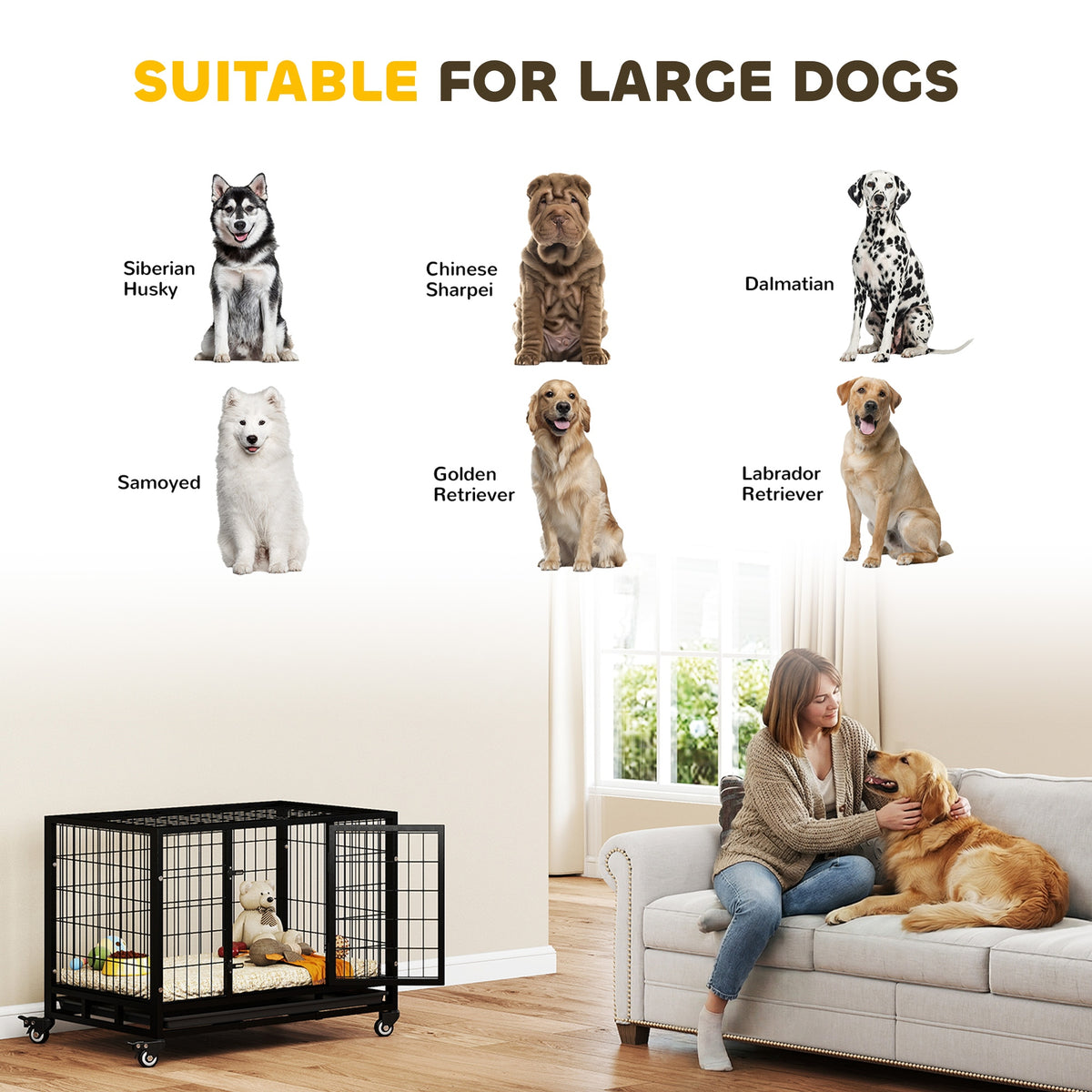 Black wheeled metal dog crate shown with large dog breeds