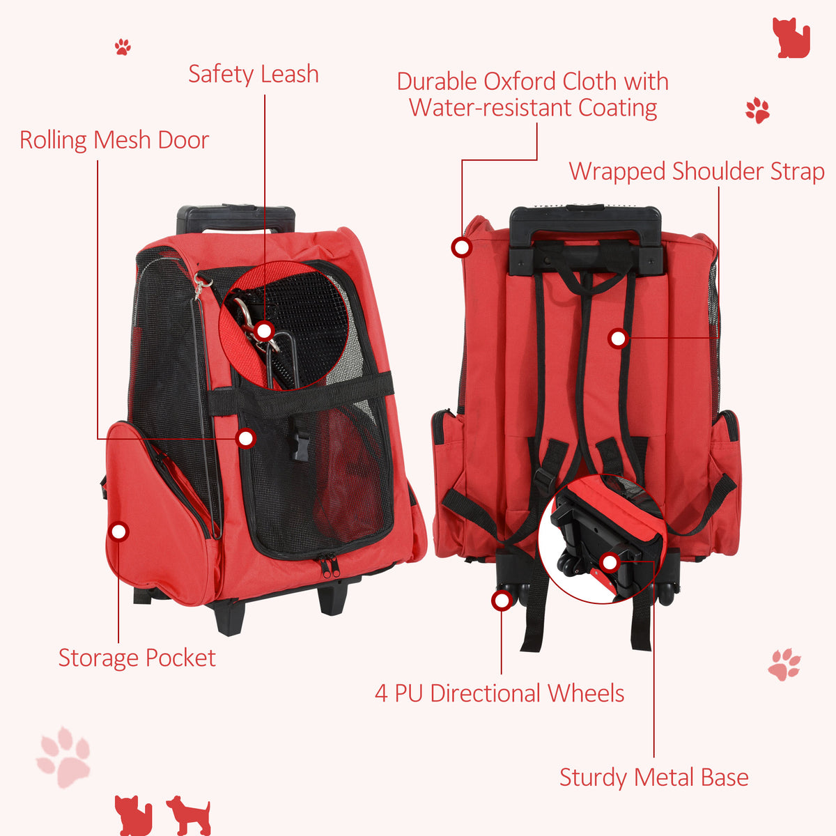 PawHut 2 in 1 Dog Backpack and Trolley, Pet Travel Backpack Cat Dog Carrier with Telescopic Handle, Portable Pet Stroller Wheel Luggage Bag (Red)