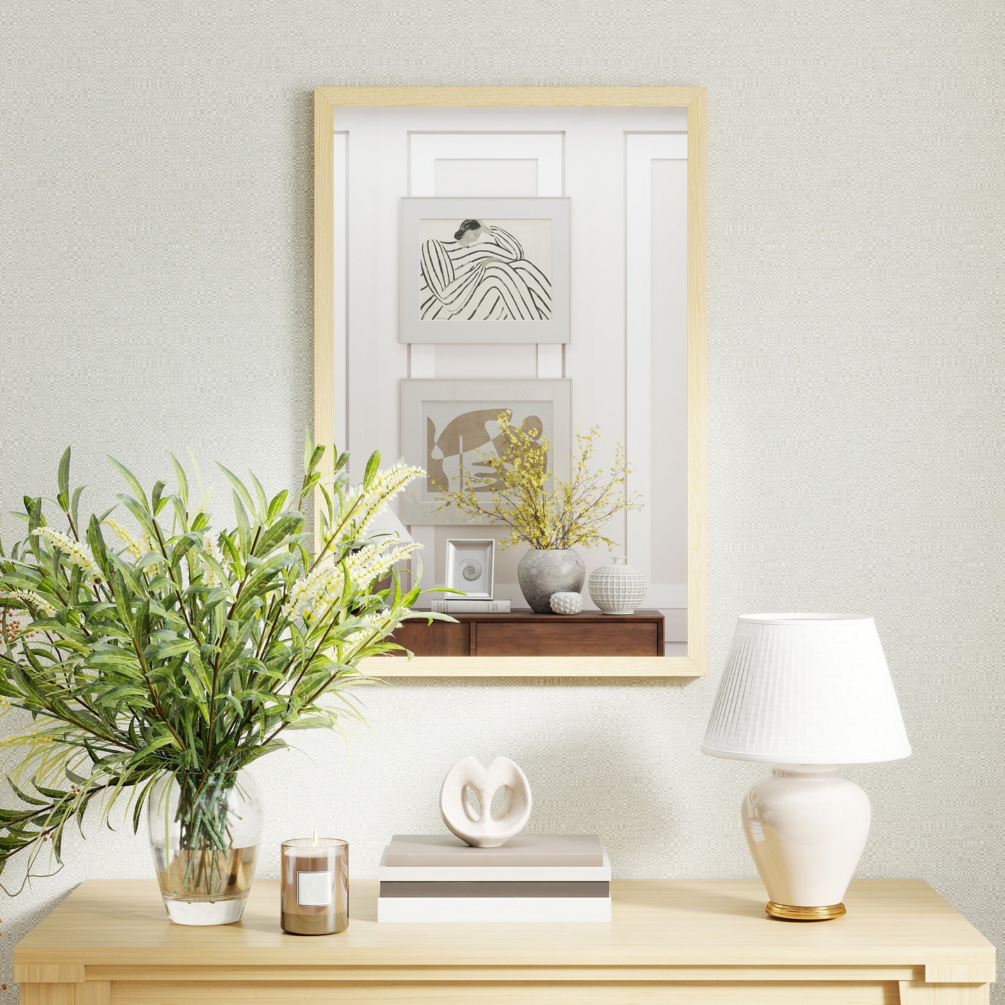HOMCOM Wall Bathroom Mirror, 60 x 40 cm Wall-Mounted Mirror for Living Room, Bedroom, Hallway, Natural Wood Finish