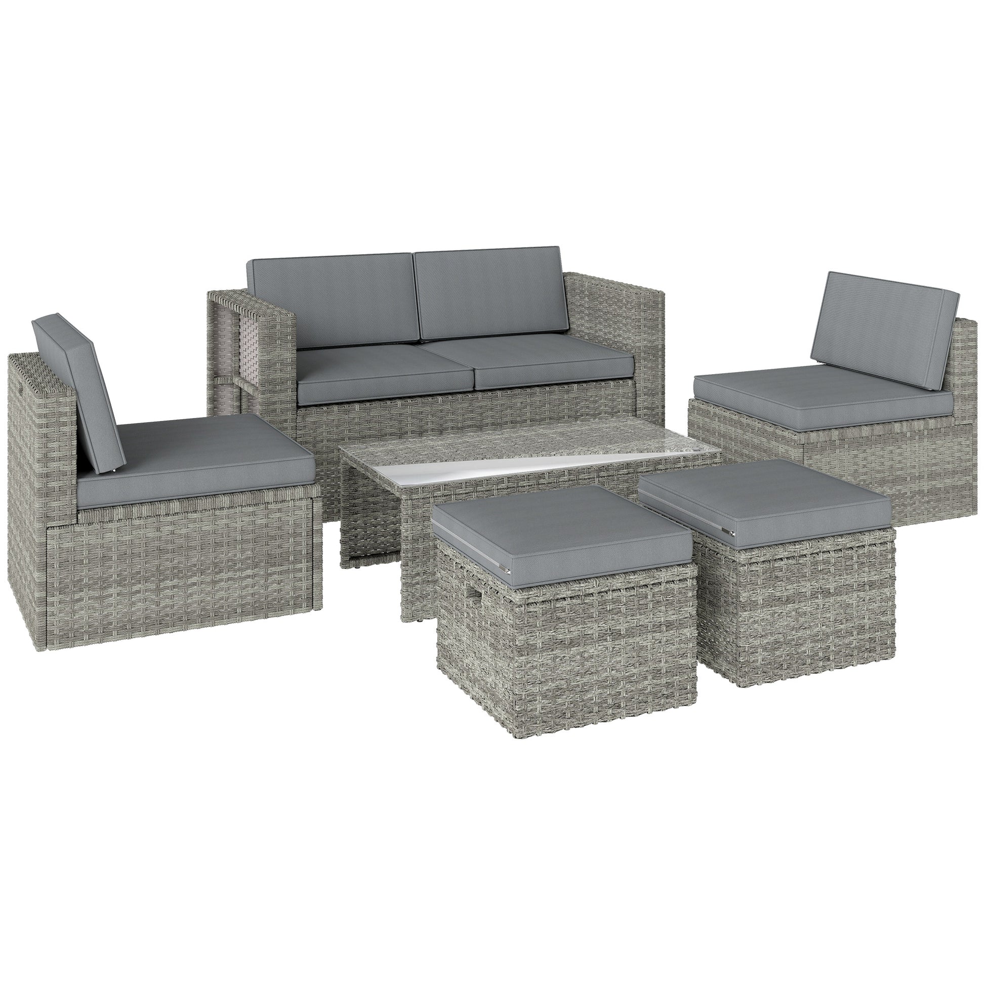 Photo of Outsunny 6 Piece Rattan Garden Furniture Set Loveseat, Chairs, Table, Footstools, Dark Grey in Grey colour on a white background