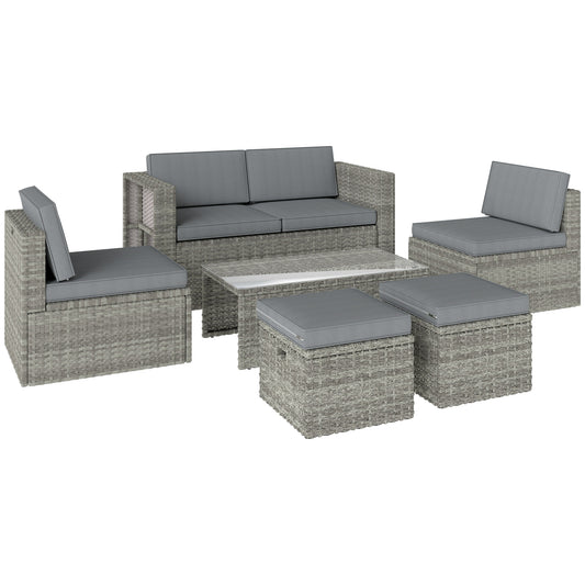 Photo of Outsunny 6 Piece Rattan Garden Furniture Set Loveseat, Chairs, Table, Footstools, Dark Grey in Grey colour on a white background