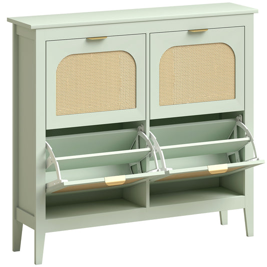 Photo of HOMCOM Narrow Shoe Cabinet, Boho Slim Shoe Storage Cabinet with 4 Flip Drawers, Holds 20 Pairs, Light Green in Green colour on a white background