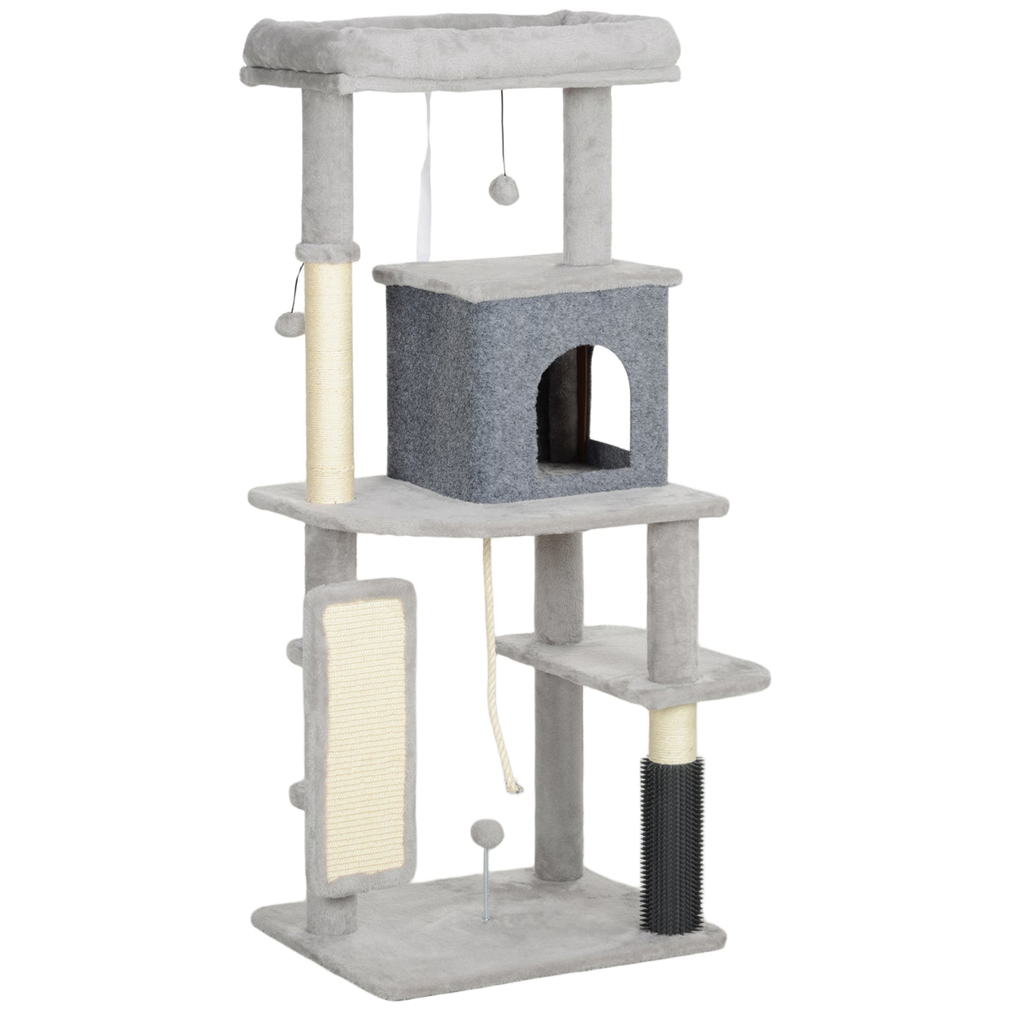 Photo of PawHut 132cm Cat Tree w/ Scratching Posts, Pad, Cat Bed, Cat House, Jumping Platform, Grooming Brush, Anti-Tip Kit, Light Grey in Grey colour on a white background