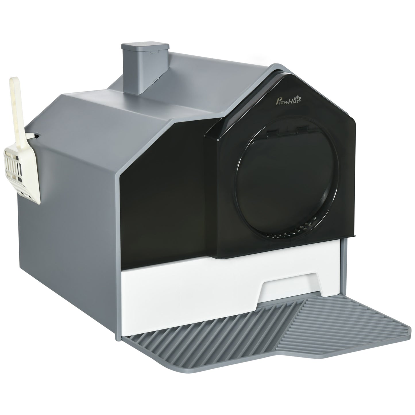 Photo of PawHut Hooded Cat Litter Tray with Scoop, Cat Litter Box with Drawer Pan, Handle, Deodorants, Hut Design, Front Entrance, 47 x 45 x 42cm - Grey in Grey colour on a white background
