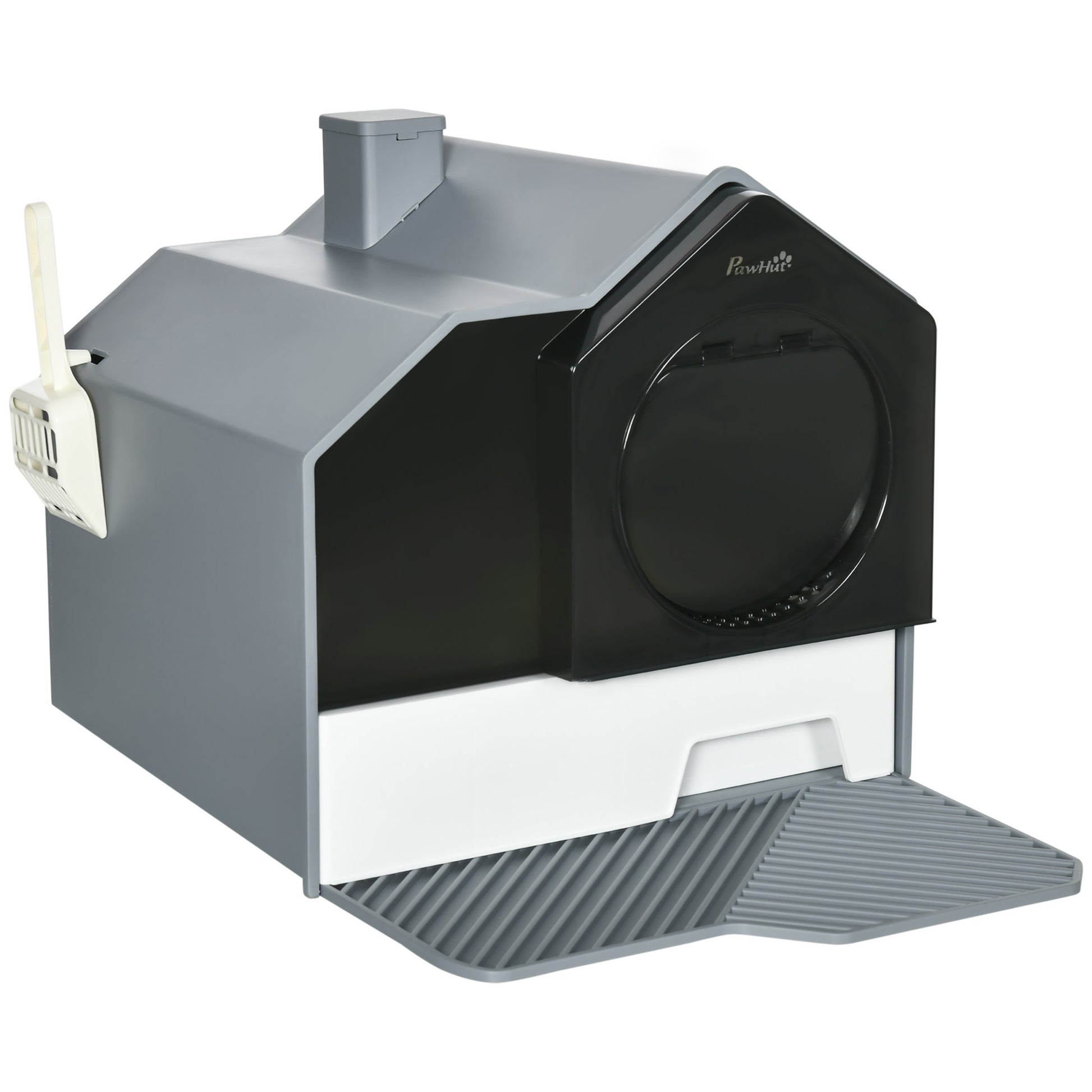 Photo of PawHut Hooded Cat Litter Tray with Scoop, Cat Litter Box with Drawer Pan, Handle, Deodorants, Hut Design, Front Entrance, 47 x 45 x 42cm - Grey in Grey colour on a white background