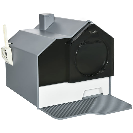 Photo of PawHut Hooded Cat Litter Tray with Scoop, Cat Litter Box with Drawer Pan, Handle, Deodorants, Hut Design, Front Entrance, 47 x 45 x 42cm - Grey in Grey colour on a white background