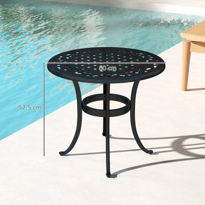 Round black patio table, 60 cm wide and 52.5 cm high, with curved legs