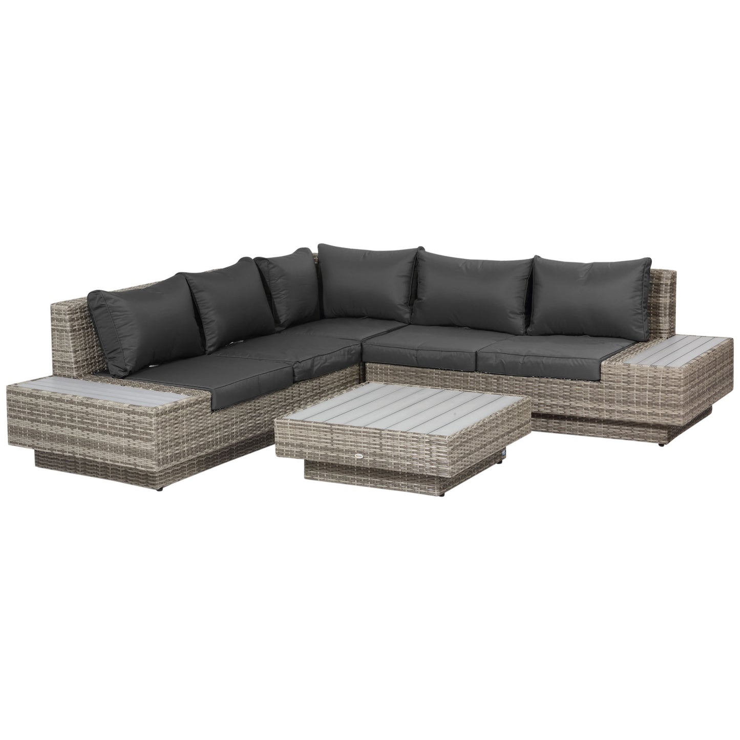 Photo of Outsunny 4 PCs Rattan Garden Furniture Outdoor Sectional Corner Sofa and Coffee Table Set  Conservatory Wicker Weave Furniture with Armrest and Cushions - Light Grey in Grey colour on a white background