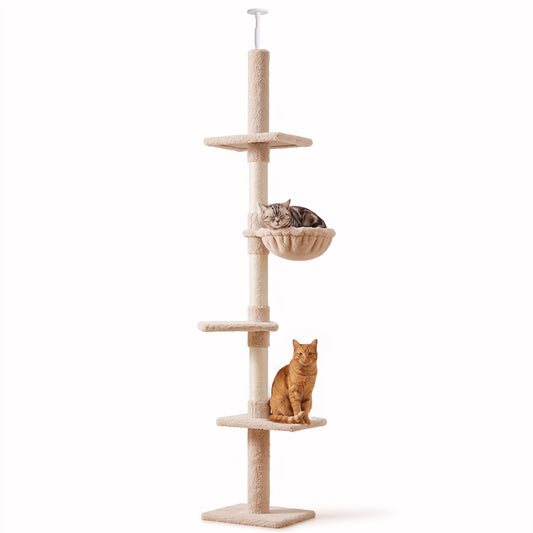 Photo of PawHut Floor to Ceiling Cat Tree 230-260cm Height Adjustable, 5-Tier Cat Tower with Scratching Posts, Hammock, Perches, Climbing Activity Centre for Indoor Kittens Playing and Relaxing, Beige in Beige colour on a white background