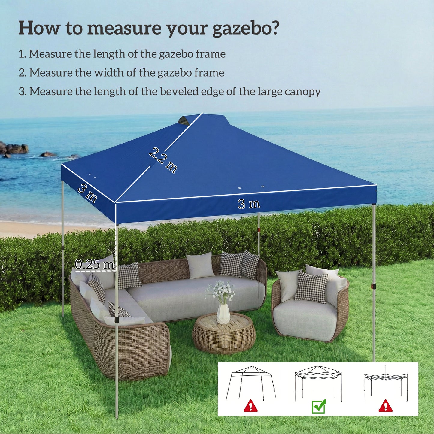 Outsunny Gazebo Roof Replacement UV50+ Waterproof Pop Up Canopy Cover with 8 Drainage Holes 3 x 3 m Blue