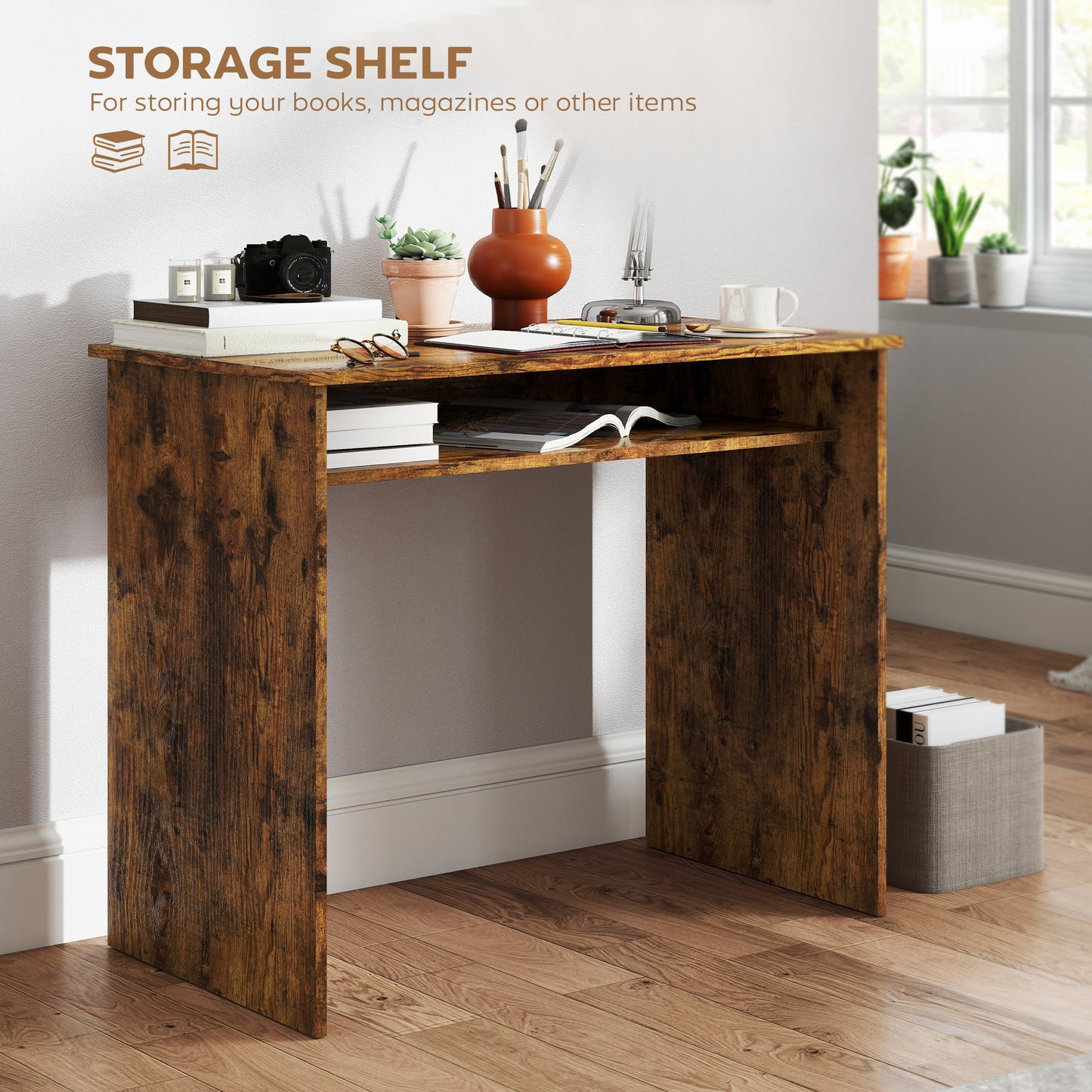 HOMCOM Boxy Work Desk, with Shelf - Wood-Effect