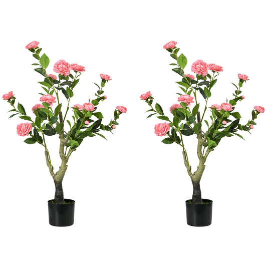 Photo of HOMCOM 2 Pieces Decorative Artificial Plants Camellia Flower with Pot, Fake Plant for Home Indoor Outdoor Decor, 95cm, Pink in Pink colour on a white background